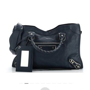 Balenciaga Blue City Classic Metallic Edge Leather Bag with silver hardware.